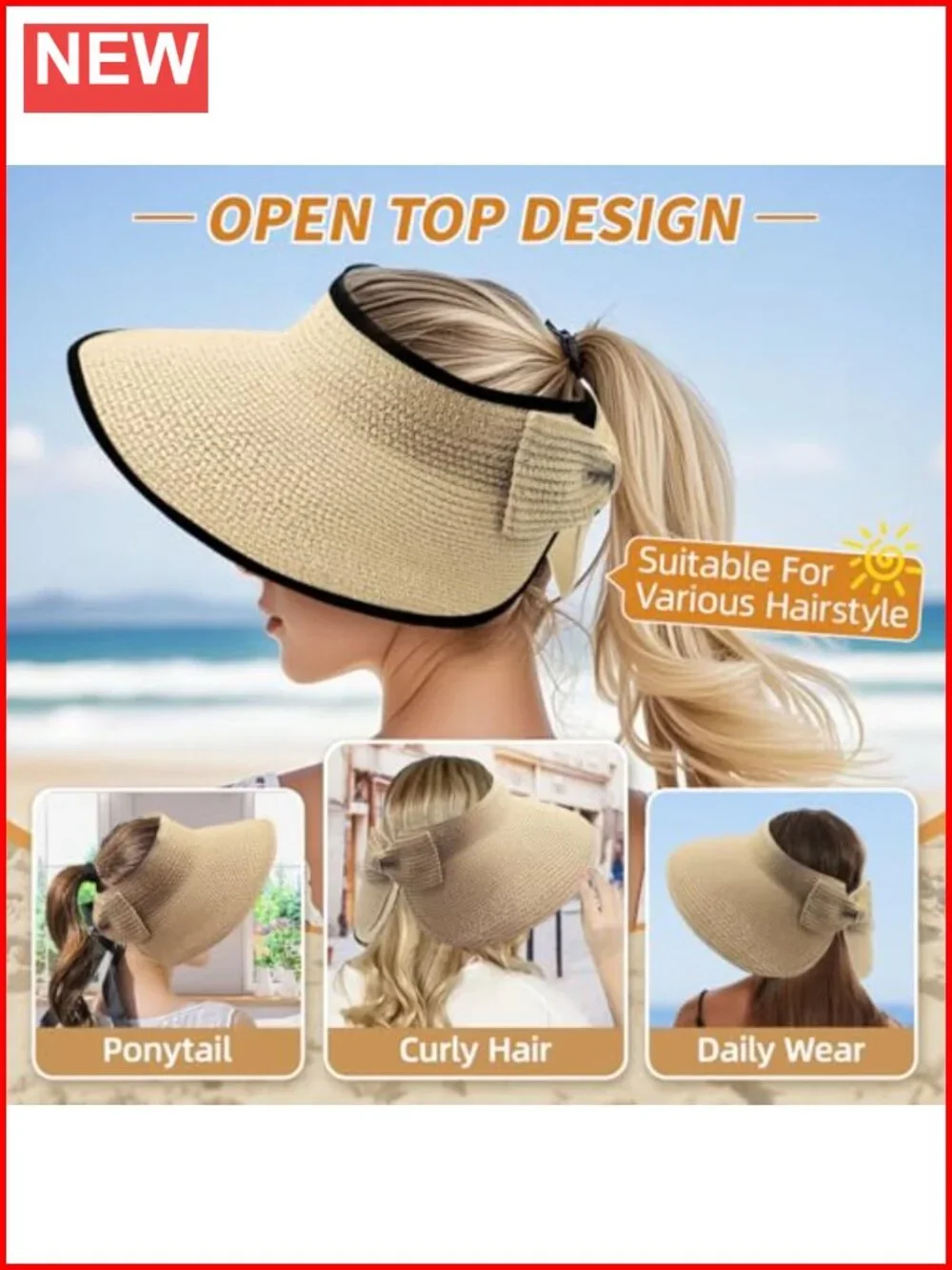 Wide Brim Straw Sun Visor Hat UPF 50+ Foldable Packable Ponytail Beach